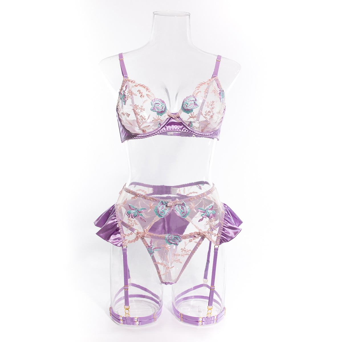 Set Lingerie 3Pcs Bordir Bunga - Sheer Bra Lace ulasan dan harga
